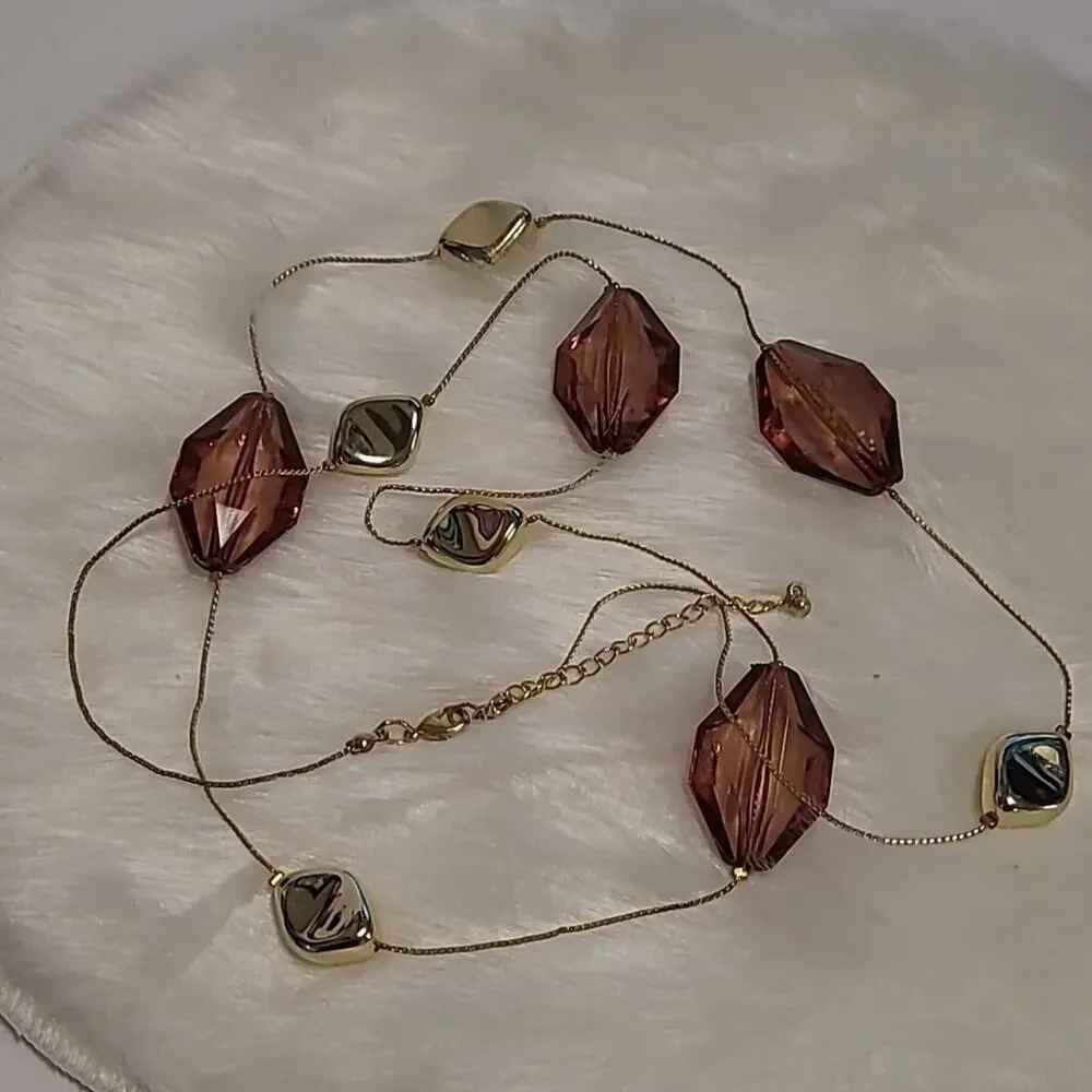 Dressbarn Necklace & Earring Set Brown & Gold Tone Long Faux Crystal Beads